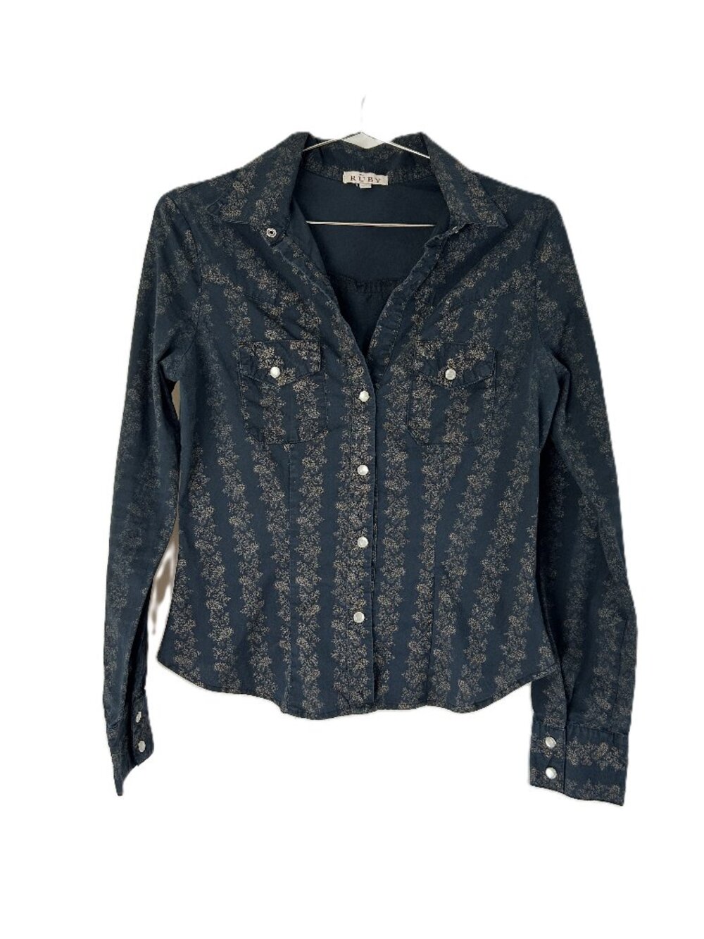 Ruby Western Burnout Pearl Snap Shirt Floral Black M